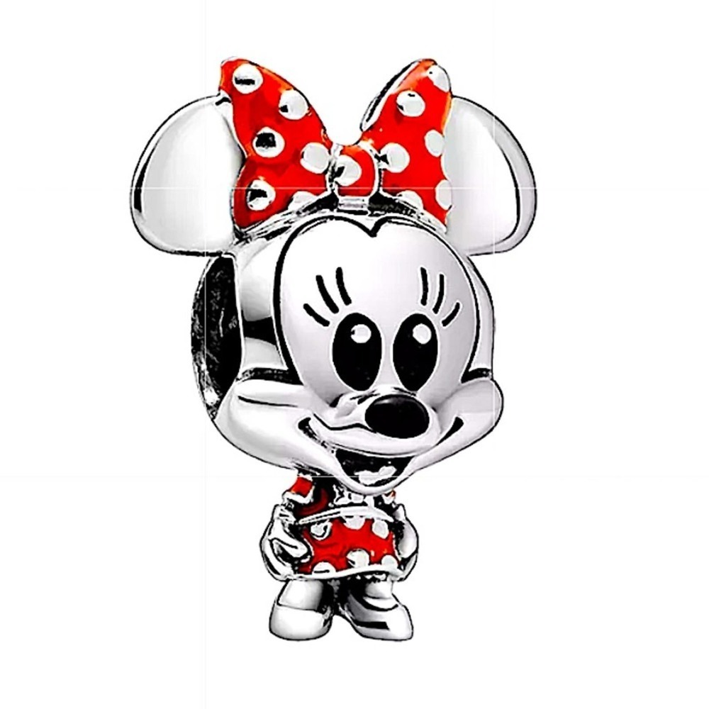 Sterling Silver Minnie Style Charm Red Bow Enamel Bead Bracelet Pendant